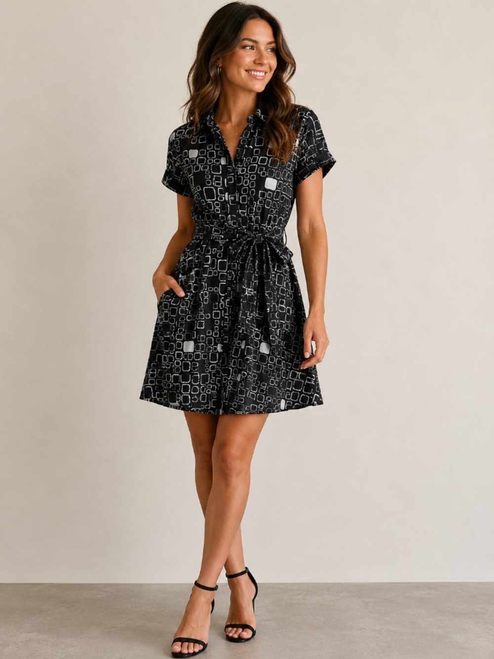 Diesel Shirt Dress Black Gray Geometric Print Belted Button Front Tie Waist M